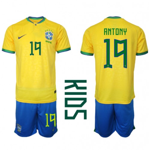 Echipament fotbal Brazilia Antony #19 Tricou Acasa Mondial 2022 pentru copii maneca scurta (+ Pantaloni scurti)